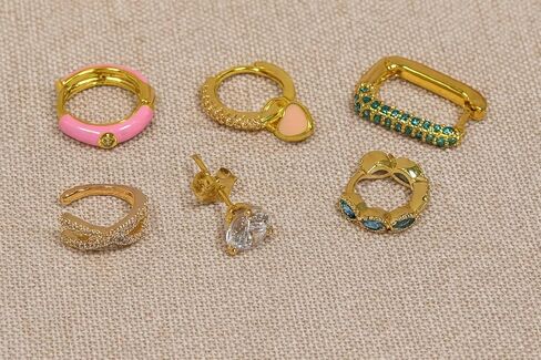 Earring Stacks Set For Women, 6Pcs Single Earrings for One Ear 14K Gold Plated CZ Colorful Gemstone Multiple Piercing Huggie Hoop Ear Cuff Nickel Free Hypoallergenic Jewelry Gift Set in Saudi Arabia