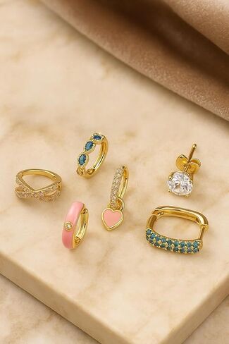 Earring Stacks Set For Women, 6Pcs Single Earrings for One Ear 14K Gold Plated CZ Colorful Gemstone Multiple Piercing Huggie Hoop Ear Cuff Nickel Free Hypoallergenic Jewelry Gift Set in Saudi Arabia