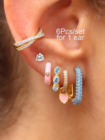 Earring Stacks Set For Women, 6Pcs Single Earrings for One Ear 14K Gold Plated CZ Colorful Gemstone Multiple Piercing Huggie Hoop Ear Cuff Nickel Free Hypoallergenic Jewelry Gift Set in Saudi Arabia