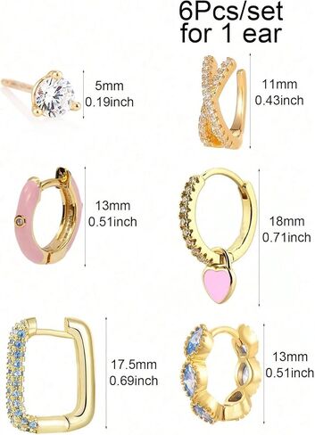 Earring Stacks Set For Women, 6Pcs Single Earrings for One Ear 14K Gold Plated CZ Colorful Gemstone Multiple Piercing Huggie Hoop Ear Cuff Nickel Free Hypoallergenic Jewelry Gift Set in Saudi Arabia
