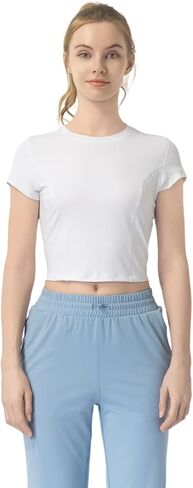 Women's Short Sleeve Crop Top, Round Neck Slim Fit Workout Activewear, Moisture-Wicking Stretchy Athletic Tee in Saudi Arabia