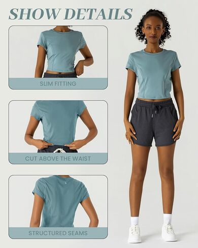 Women's Short Sleeve Crop Top, Round Neck Slim Fit Workout Activewear, Moisture-Wicking Stretchy Athletic Tee in Saudi Arabia