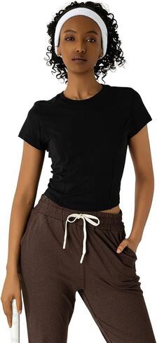 Women's Short Sleeve Crop Top, Round Neck Slim Fit Workout Activewear, Moisture-Wicking Stretchy Athletic Tee in Saudi Arabia