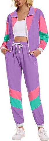 ZDT Women's Color Block 80s 90s Outfit 2 Piece Costume Zip Up Windbreaker Track Suits Set New in Saudi Arabia