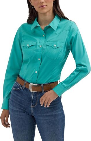 Women's Retro Long Sleeve Cool Blue Solid Western Shirt in Saudi Arabia