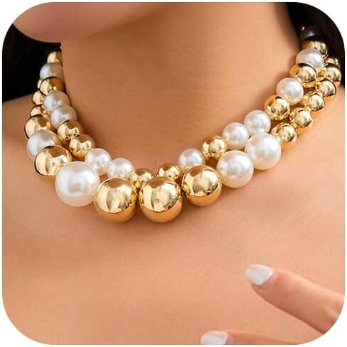 Gold Chunky Beaded Necklace for Women Vintage Layered large Gold Silver Bead Imitation Pearl Beaded Necklace Charm Dainty Party Bar Jewelry in Saudi Arabia