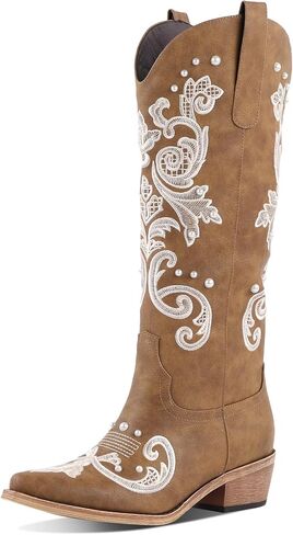 Wide Calf Cowboy Boots With Cute Bow Embroidery Casual Knee High Cowgirl Boots For Women Chunky Heel Pointed Toe Western Style Boot With Color-Block Design For Dressy Party in Saudi Arabia