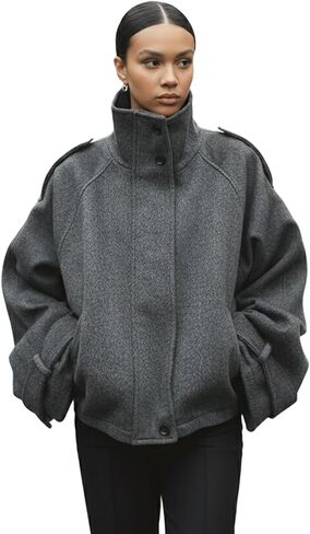 المرأة اقتصاص خندق معطف زمم قمع الرقبة سترة قصيرة المتضخم معطف صوف خريف شتاء ملابس غير رسمية 2025 in Kuwait