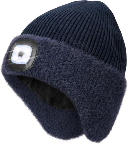 MELASA Winter Fleece Line LED Beanie with Earflap, USB Rechargeable Outdoor Warm Hats with The Light Gifts for Men in Saudi Arabia