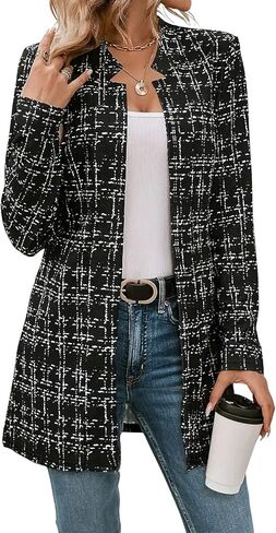 ebossy Women's Casual Slim Notched Plaid Tweed Blazer Elegant Open Front Long Sleeve Thigh Length Jacket Dress Coat in Saudi Arabia