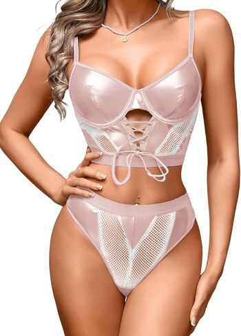 Women's Leather Corset Thong Set, Sexy Fishnet Lingerie 2 Piece, Rave Outfits Top for Club Party in Saudi Arabia