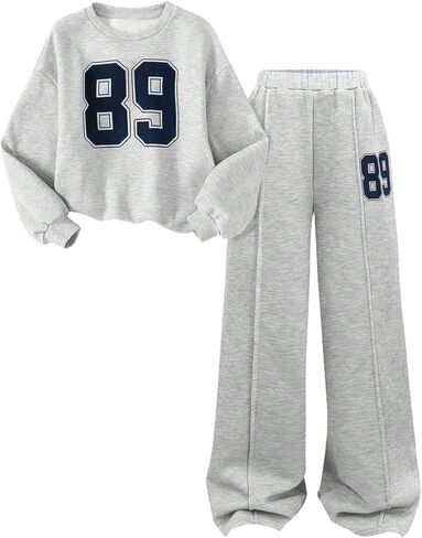 GORGLITTER Girl's 2 Piece Fall Sets Outfits Long Sleeve Y2K Jersey Shirts Tops and Wide Leg Sweat Pant Baggy Set 2025 in Saudi Arabia