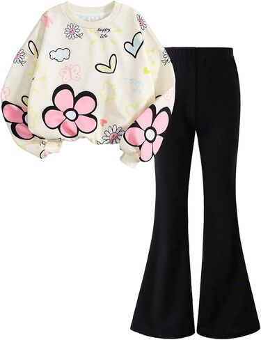 SOLY HUX Girl's 2 Piece Outfits Cute Graphic Long Sleeve Sweatshirt Tops and Flare Pants Fall Matching Sets in Saudi Arabia
