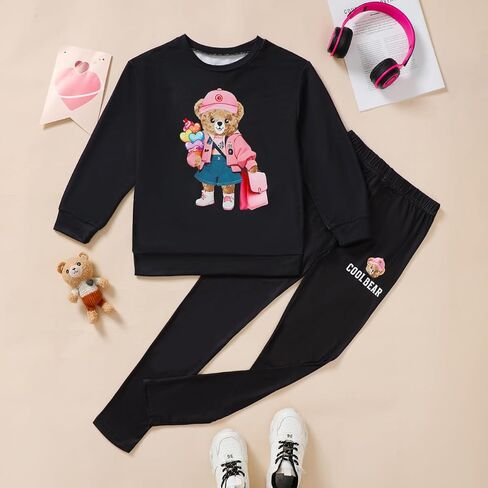 Girls Pants Set, Black Graphic Two-Piece Outfit with Teddy Print for Girls 8-12 Y in Saudi Arabia