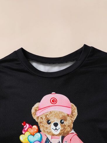Girls Pants Set, Black Graphic Two-Piece Outfit with Teddy Print for Girls 8-12 Y in Saudi Arabia