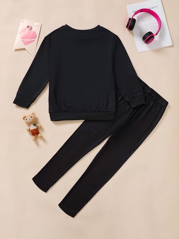 Girls Pants Set, Black Graphic Two-Piece Outfit with Teddy Print for Girls 8-12 Y in Saudi Arabia