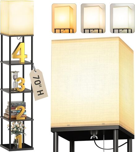 addlon Floor lamp with Shelves Super Large Size (19''W), 5-Tier Modern Floor lamp with 3 Color Temperatures LED Bulb, Display Shelf lamp for Living Room, Bedroom and Office - Black in Kuwait