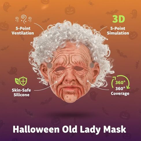 2025New قناع سيدة عجوز واقعي للكبار قناع الجد المخيف قناع تجاعيد الشعر الأبيض شعر مستعار الدعائم لحفلة الهالوين in Kuwait