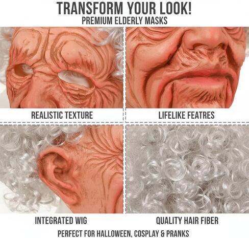 2025New قناع سيدة عجوز واقعي للكبار قناع الجد المخيف قناع تجاعيد الشعر الأبيض شعر مستعار الدعائم لحفلة الهالوين in Kuwait