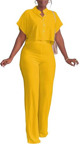 HBQ Women's Summer 2 Piece Outfits Casual Tracksuit Short Sleeve Button Down Crop Top Wide Leg Long Pant Lounge Sets in Saudi Arabia