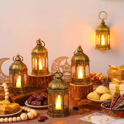 6 قطع من فانوس رمضان ديكورات سقف المدخل 5 بوصات عيد مبارك LED مصباح عتيق إسلامي إسلامي عديم اللهب معلق مصباح رمضان ضوء ليلي لحفلات كريم ديكور المنزل للعيد in Saudi Arabia