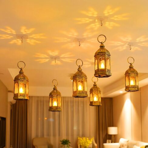 6 قطع من فانوس رمضان ديكورات سقف المدخل 5 بوصات عيد مبارك LED مصباح عتيق إسلامي إسلامي عديم اللهب معلق مصباح رمضان ضوء ليلي لحفلات كريم ديكور المنزل للعيد in Saudi Arabia