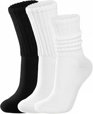 Women Scrunch Crew Socks: Cotton Cushioned Boot Mid Calf Slouch Socks - Athletic Workout & Gym 3 Pack in Saudi Arabia
