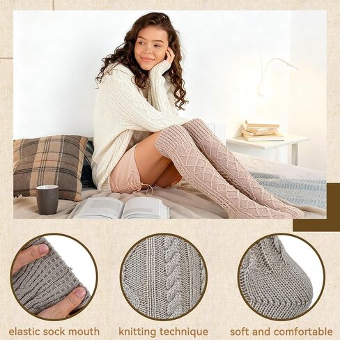 Women's Cable Knitted Thigh High Socks Cotton Over Knee Boot Stockings Winter Leg Warmers in Saudi Arabia