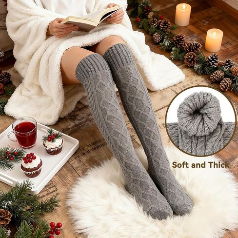 Women's Cable Knitted Thigh High Socks Cotton Over Knee Boot Stockings Winter Leg Warmers in Saudi Arabia