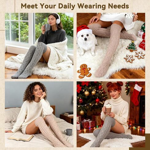 Women's Cable Knitted Thigh High Socks Cotton Over Knee Boot Stockings Winter Leg Warmers in Saudi Arabia