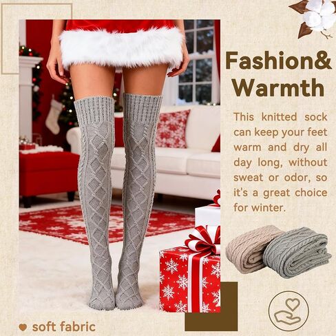 Women's Cable Knitted Thigh High Socks Cotton Over Knee Boot Stockings Winter Leg Warmers in Saudi Arabia
