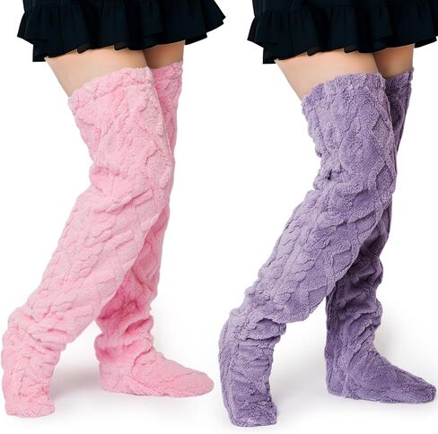 2 Pairs High Fuzzy Socks over Knee Winter Leg Warmers Plush Extra Thick Slipper Socks for Women Christmas Sleeping in Saudi Arabia