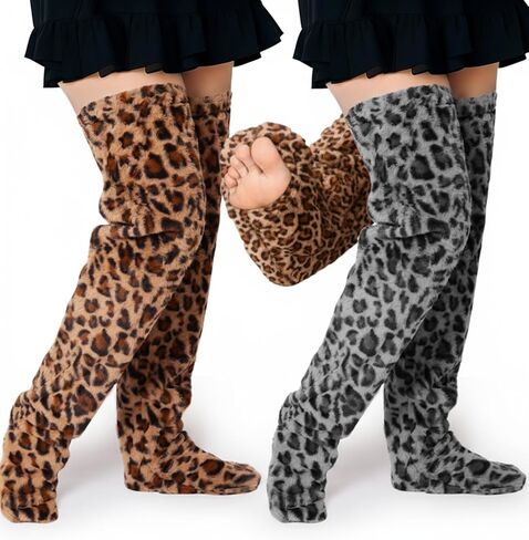 2 Pairs High Fuzzy Socks over Knee Winter Leg Warmers Plush Extra Thick Slipper Socks for Women Christmas Sleeping in Saudi Arabia