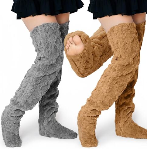 2 Pairs High Fuzzy Socks over Knee Winter Leg Warmers Plush Extra Thick Slipper Socks for Women Christmas Sleeping in Saudi Arabia
