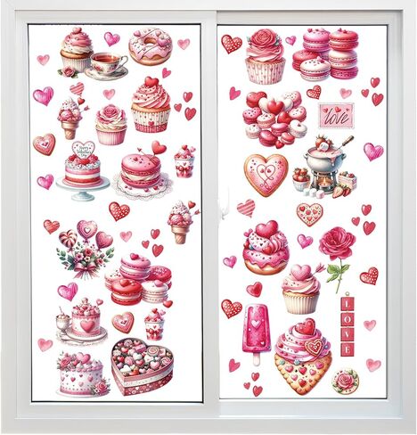 9 Sheet Valentines Day Window Clings Valentines Day Decoration 100+ Valentine's Watercolor Love Heart Cake Double Sided Reusable Window Decals for Home Wedding Anniversary Party Office Decor in Kuwait