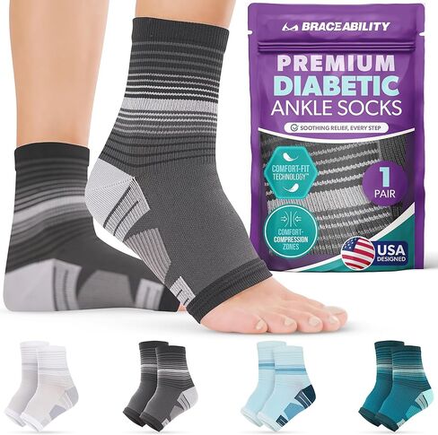 جوارب BraceAbility لمرضى السكري للرجال والنساء - جوارب كاحل ضاغطة من الدرجة الطبية للدورة الدموية وتورم القدمين وتخفيف الاعتلال العصبي السكري (L - أسود) in Saudi Arabia