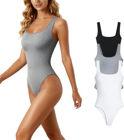 Women's 3-piece Bodysuits, Charming Ribbed Square-necked Tank Top-style Tight-Fitting Leotard For Controll Abdominal Shape in Saudi Arabia