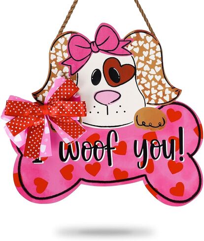 علامة تعليق خشبية للكلب في عيد الحب من Whaline مع قوس I Woof You Pet Dog علامة إكليل الترحيب باللون الوردي، علامة ديكور الباب الوردي لنافذة الحائط الداخلية والخارجية in Kuwait