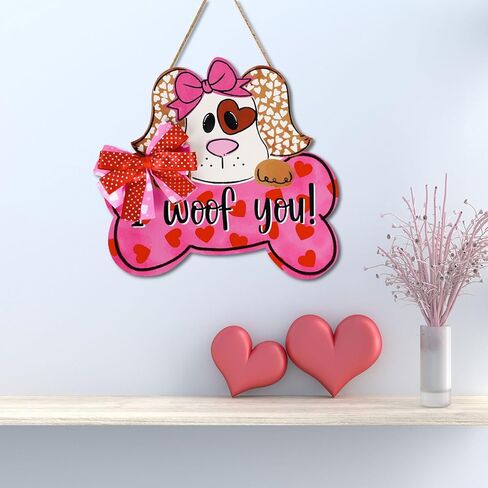 علامة تعليق خشبية للكلب في عيد الحب من Whaline مع قوس I Woof You Pet Dog علامة إكليل الترحيب باللون الوردي، علامة ديكور الباب الوردي لنافذة الحائط الداخلية والخارجية in Kuwait