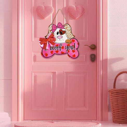 علامة تعليق خشبية للكلب في عيد الحب من Whaline مع قوس I Woof You Pet Dog علامة إكليل الترحيب باللون الوردي، علامة ديكور الباب الوردي لنافذة الحائط الداخلية والخارجية in Kuwait
