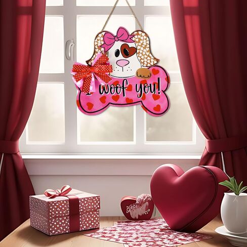 علامة تعليق خشبية للكلب في عيد الحب من Whaline مع قوس I Woof You Pet Dog علامة إكليل الترحيب باللون الوردي، علامة ديكور الباب الوردي لنافذة الحائط الداخلية والخارجية in Kuwait