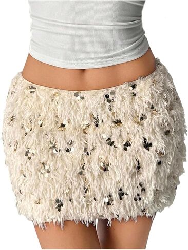 MakeMeChic Women's Sequin Fuzzy Mini Skirt Glitter Low Waist Bodycon Party Club Skirts in Saudi Arabia