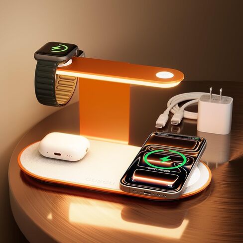 GUSGU 3 in 1 Charging Station with Three-Level Night Light, 15W Max Fast Charging, Wireless Charger for iPhone 15/14/13/12, iWatch S1-8/Ultra, AirPods(30W USB-C Charger Included) in Saudi Arabia