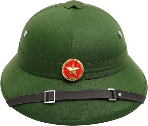 Vietsbay Vietnamese Military Pith Helmet - Authentic Army Hat with Metal Badge & Chin Strap - Green Cotton Blend Costume Headwear in Saudi Arabia