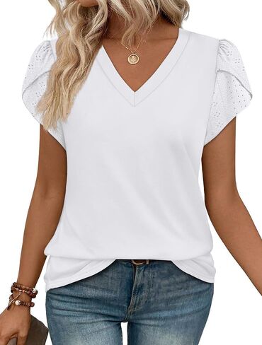 WIHOLL Womens Tops Dressy Casual Petal Sleeve Summer Spring Short Sleeve V Neck Shirts Work Business Vacation Clothes 2026 in Saudi Arabia
