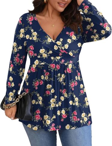 POSESHE Womens Plus Size Long Sleeves Tops 2025 Fall Winter Tunic Tops Casual V-Neck Wrap Shirts Dressy Work Blouses L-4XL in Saudi Arabia