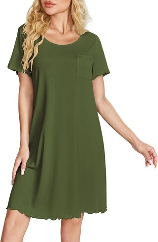 Ekouaer Bamboo Viscose Sleep Shirts for Women Soft Nightgowns Short Sleeve Ruffled Night Shirts with Chest Pocket S-3XL in Saudi Arabia