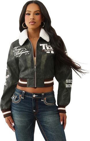 True Religion Women’s Sherpa Collared Aviator Jacket – Fleece-Lined, Button-Front, Pilot Style in Saudi Arabia