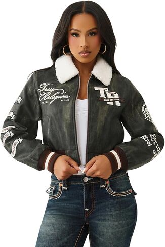 True Religion Women’s Sherpa Collared Aviator Jacket – Fleece-Lined, Button-Front, Pilot Style in Saudi Arabia