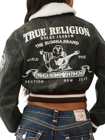 True Religion Women’s Sherpa Collared Aviator Jacket – Fleece-Lined, Button-Front, Pilot Style in Saudi Arabia